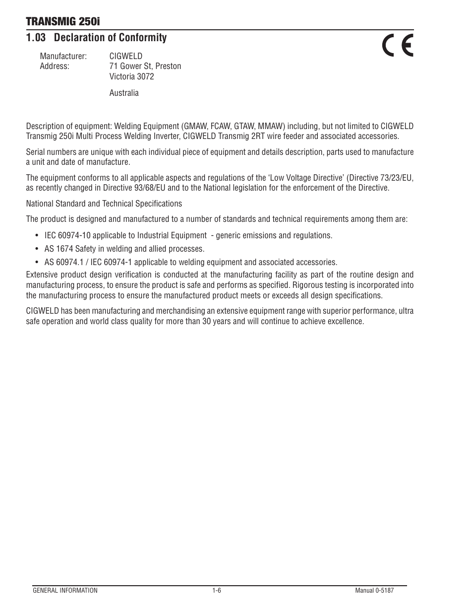 Transmig 250i, 03 declaration of conformity | Tweco 250i Transmig Inverter User Manual | Page 12 / 100