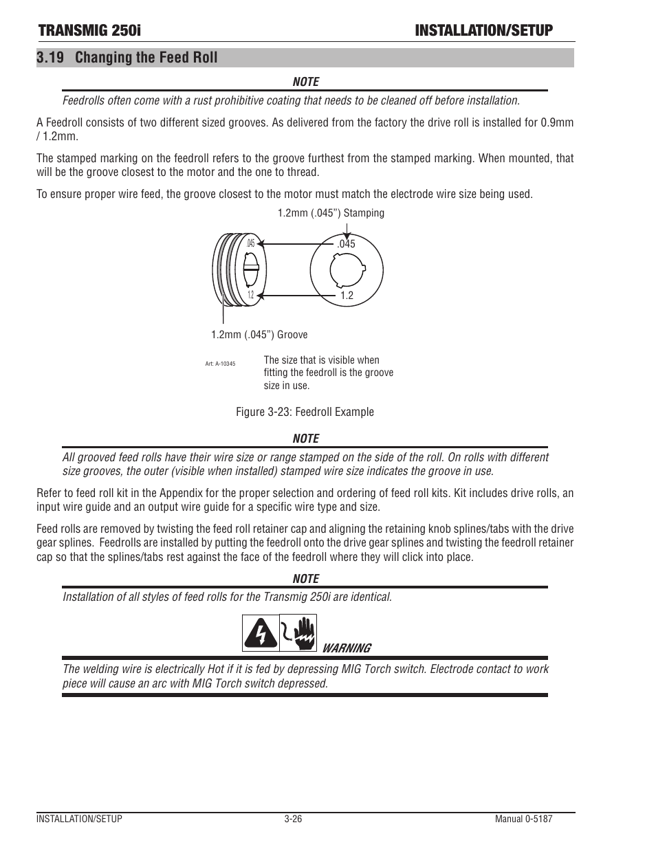 Transmig 250i installation/setup, 19 changing the feed roll | Tweco 250i Transmig Inverter User Manual | Page 44 / 100