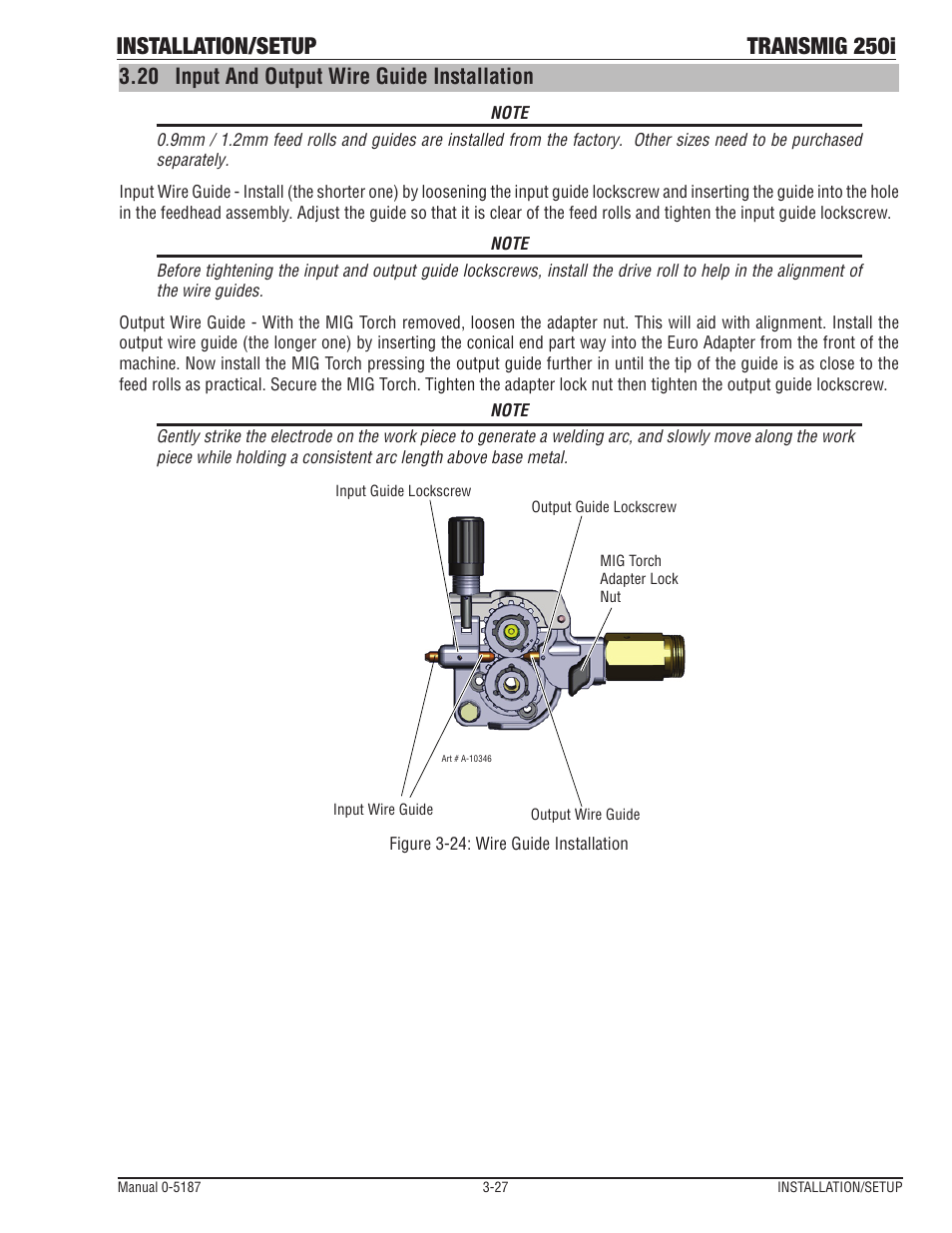 Installation/setup transmig 250i, 20 input and output wire guide installation | Tweco 250i Transmig Inverter User Manual | Page 45 / 100