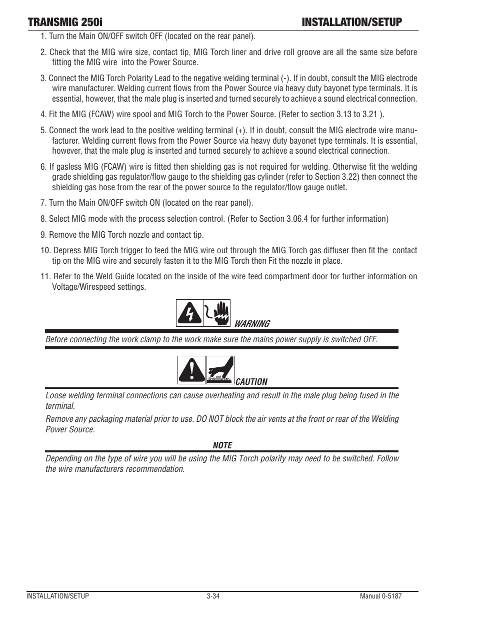 Transmig 250i installation/setup | Tweco 250i Transmig Inverter User Manual | Page 52 / 100