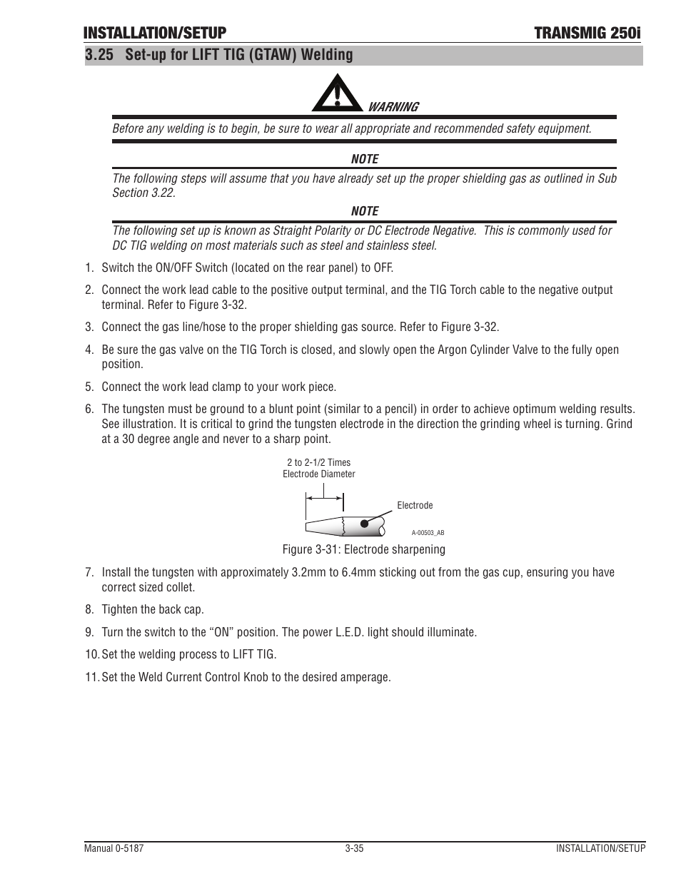 Installation/setup transmig 250i, 25 set-up for lift tig (gtaw) welding | Tweco 250i Transmig Inverter User Manual | Page 53 / 100