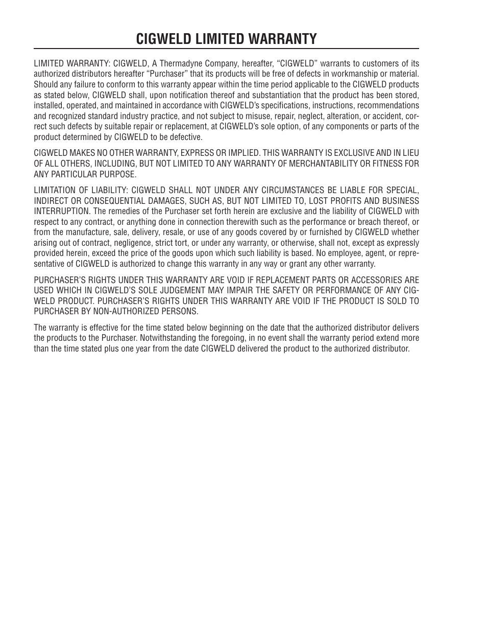 Cigweld limited warranty | Tweco 250i Transmig Inverter User Manual | Page 96 / 100