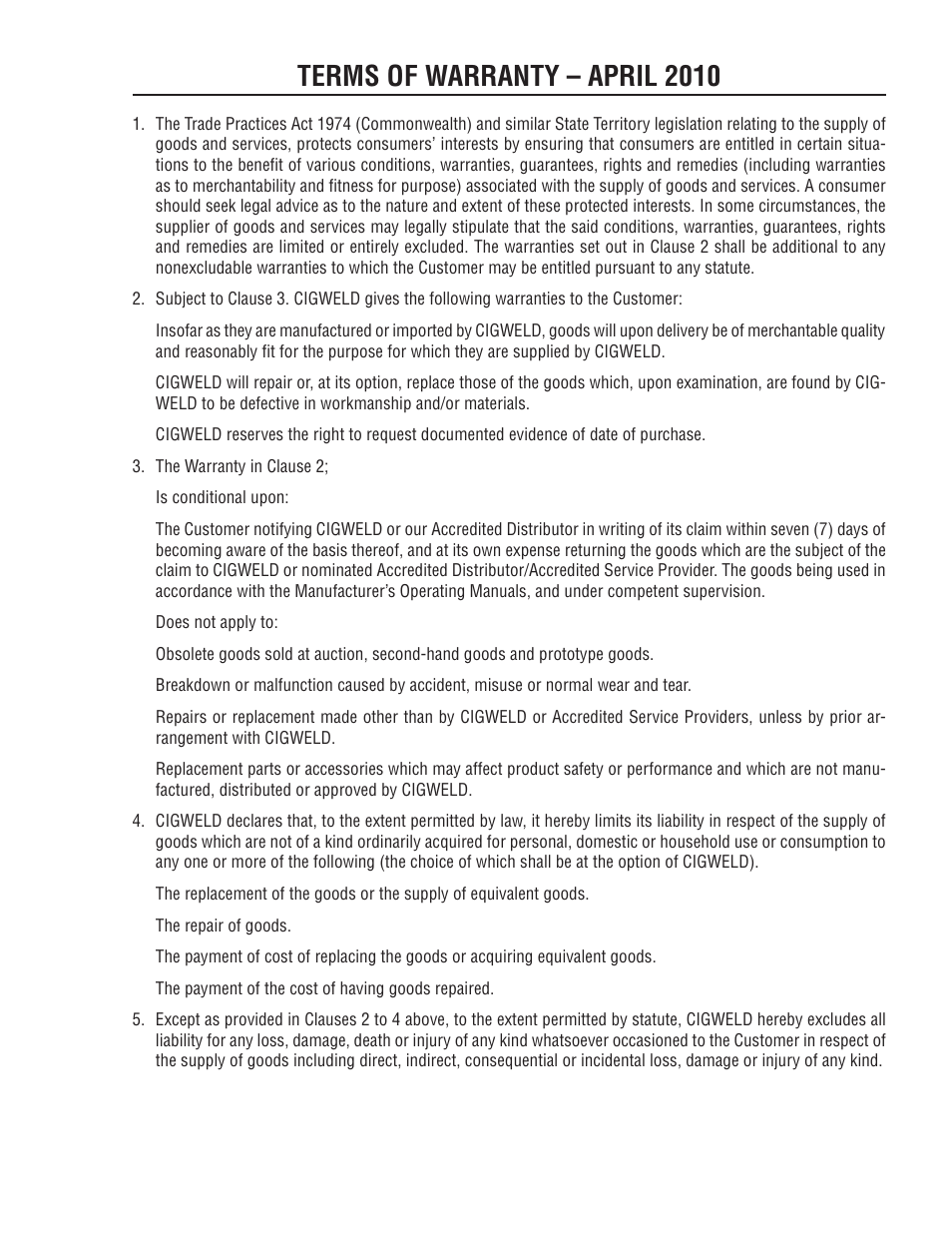 Terms of warranty - april 2010, Terms of warranty – april 2010 | Tweco 250i Transmig Inverter User Manual | Page 97 / 100