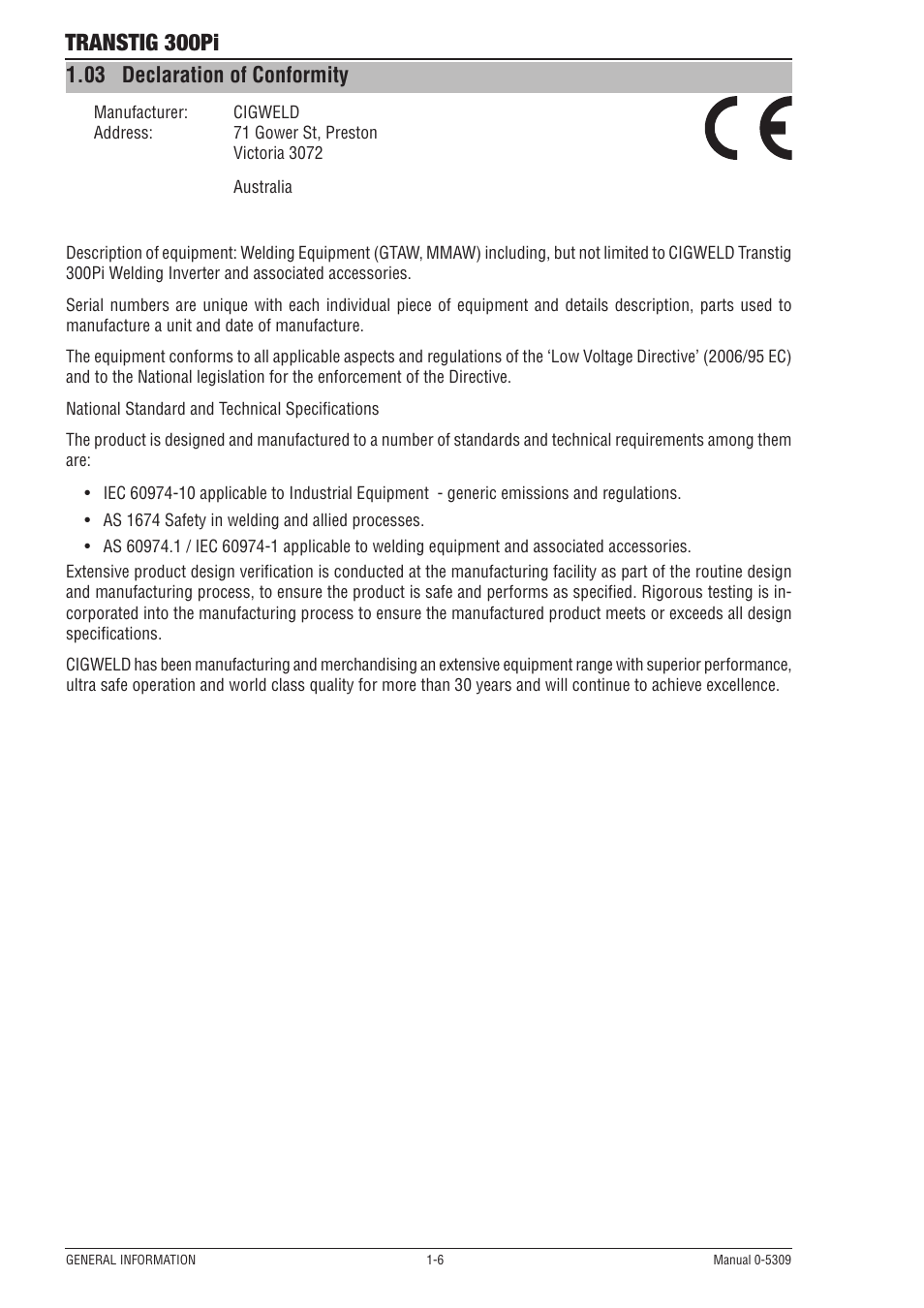 03 declaration of conformity, Transtig 300pi | Tweco 300Pi Transtig Welding Inverter User Manual | Page 12 / 72