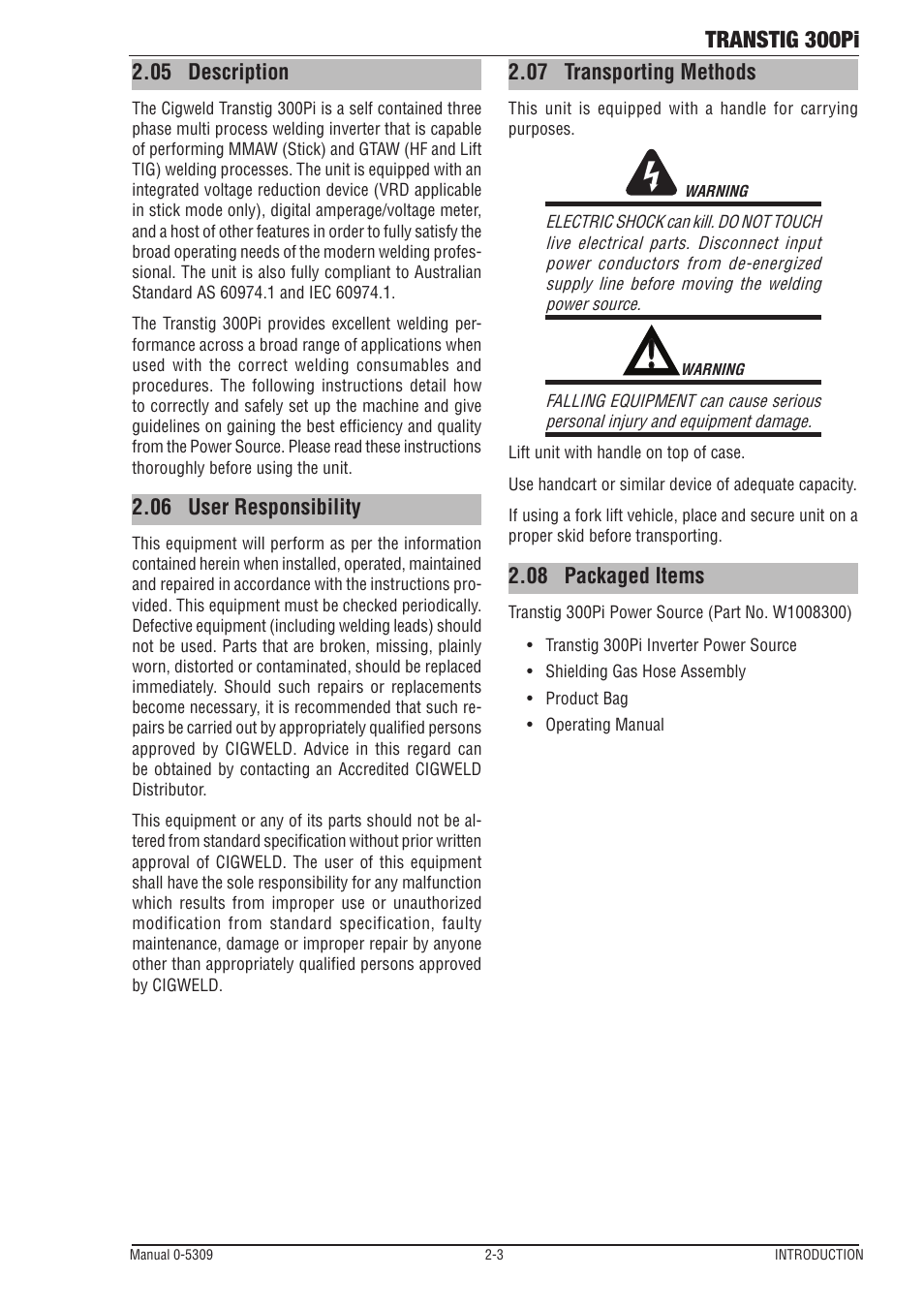 05 description, 06 user responsibility, 07 transporting methods | 08 packaged items, Transtig 300pi | Tweco 300Pi Transtig Welding Inverter User Manual | Page 15 / 72