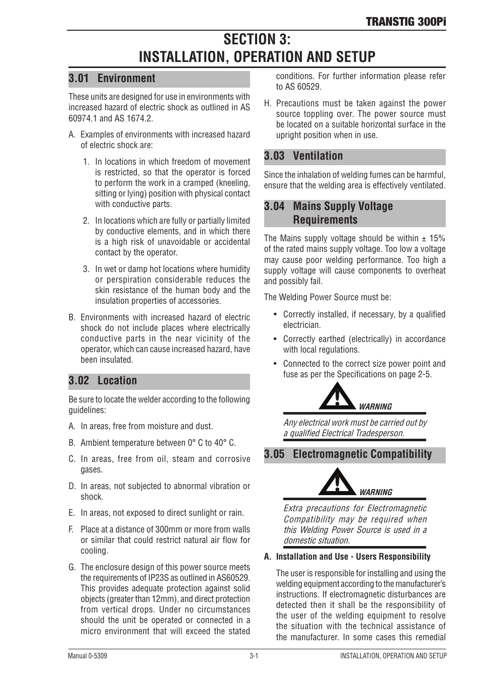 Section 3: installation, operation and setup, 01 environment, 02 location | 03 ventilation, 04 mains supply voltage requirements, 05 electromagnetic compatibility, Transtig 300pi | Tweco 300Pi Transtig Welding Inverter User Manual | Page 19 / 72