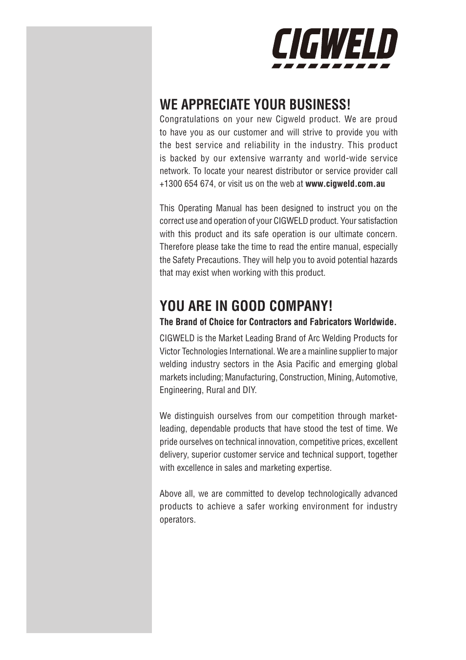 We appreciate your business, You are in good company | Tweco 300Pi Transtig Welding Inverter User Manual | Page 2 / 72