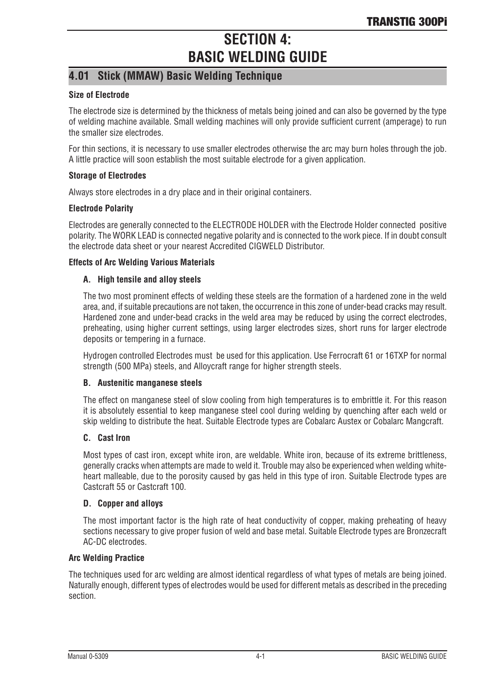 Section 4: basic welding guide, 03 stick (mmaw) basic welding technique, Transtig 300pi | 01 stick (mmaw) basic welding technique | Tweco 300Pi Transtig Welding Inverter User Manual | Page 39 / 72