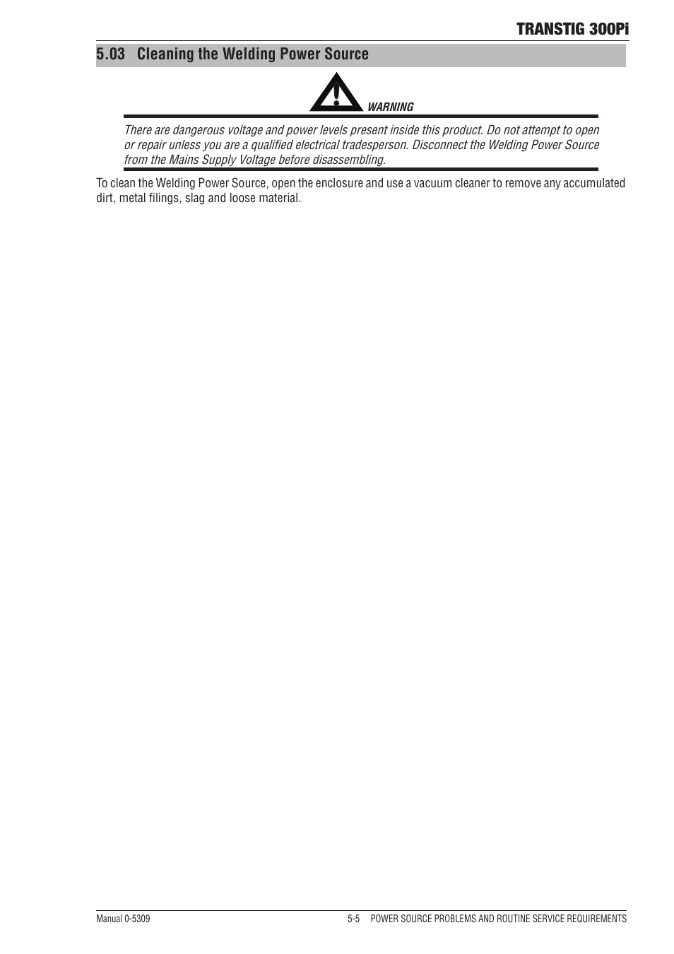 03 cleaning the welding power source, Transtig 300pi | Tweco 300Pi Transtig Welding Inverter User Manual | Page 61 / 72