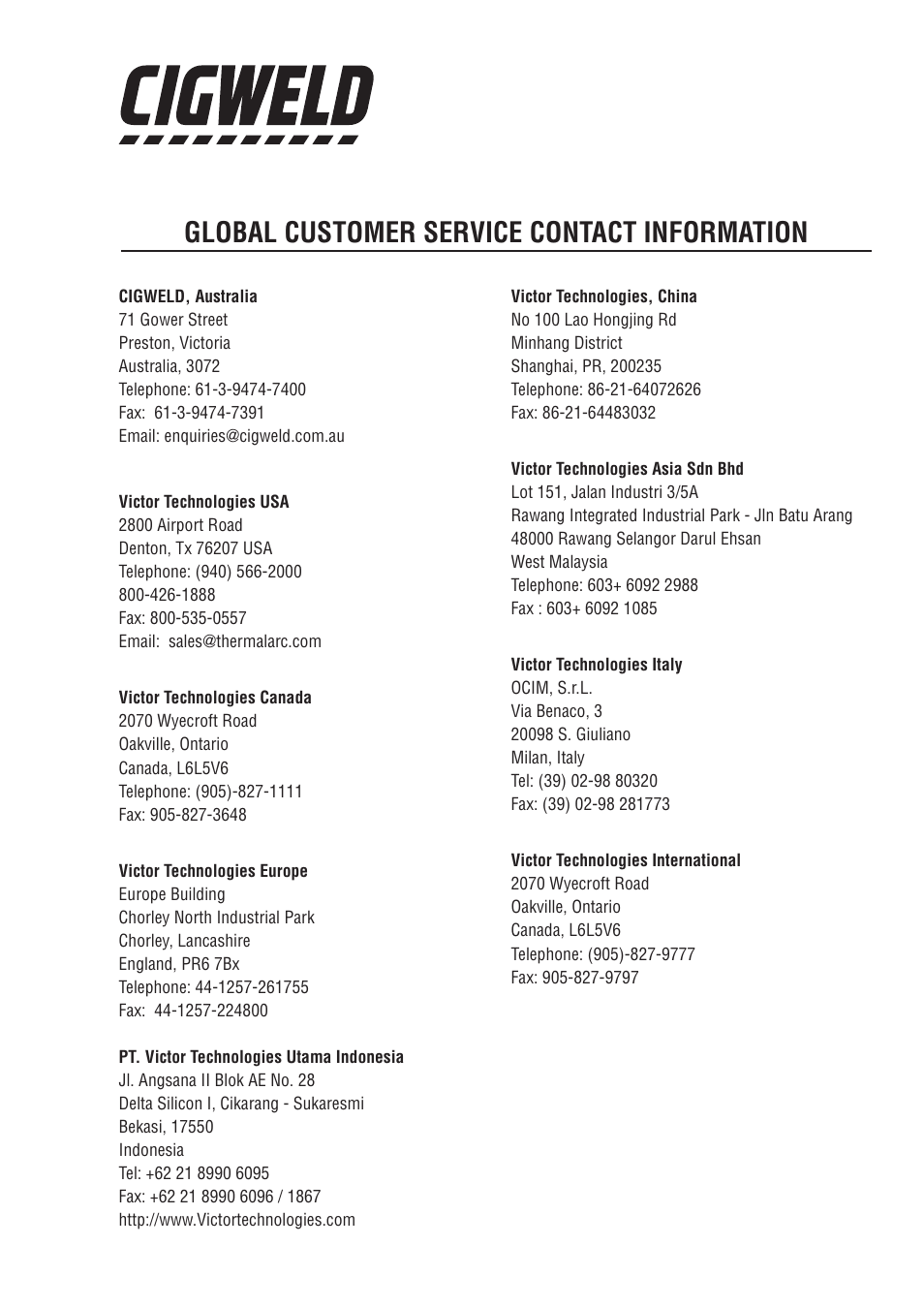 Global customer service contact information | Tweco 300Pi Transtig Welding Inverter User Manual | Page 71 / 72