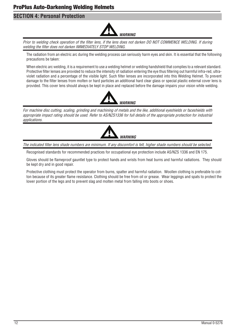 Section 4: personal protection, Proplus auto-darkening welding helmets | Tweco ProPlus Digital Auto-Darkening Welding Helmet User Manual | Page 12 / 24