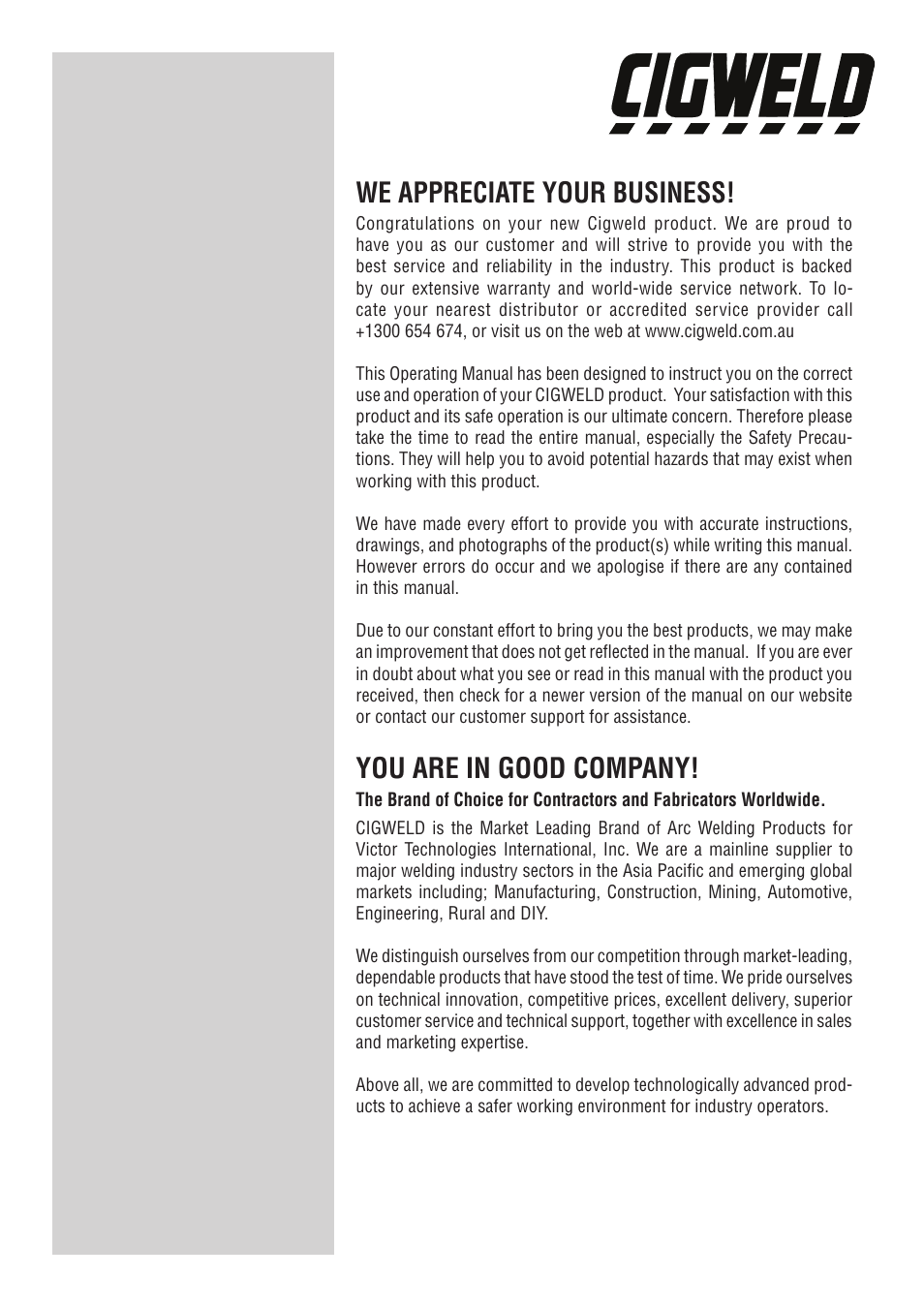 We appreciate your business, You are in good company | Tweco ProPlus Digital Auto-Darkening Welding Helmet User Manual | Page 2 / 24