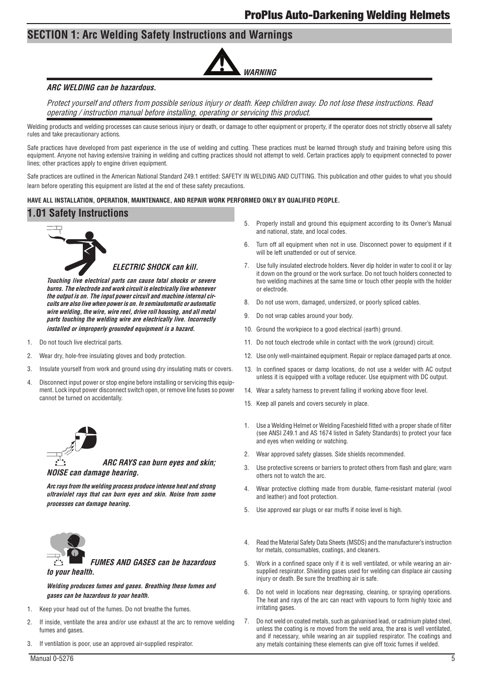 01 safety instructions, Proplus auto-darkening welding helmets | Tweco ProPlus Digital Auto-Darkening Welding Helmet User Manual | Page 5 / 24