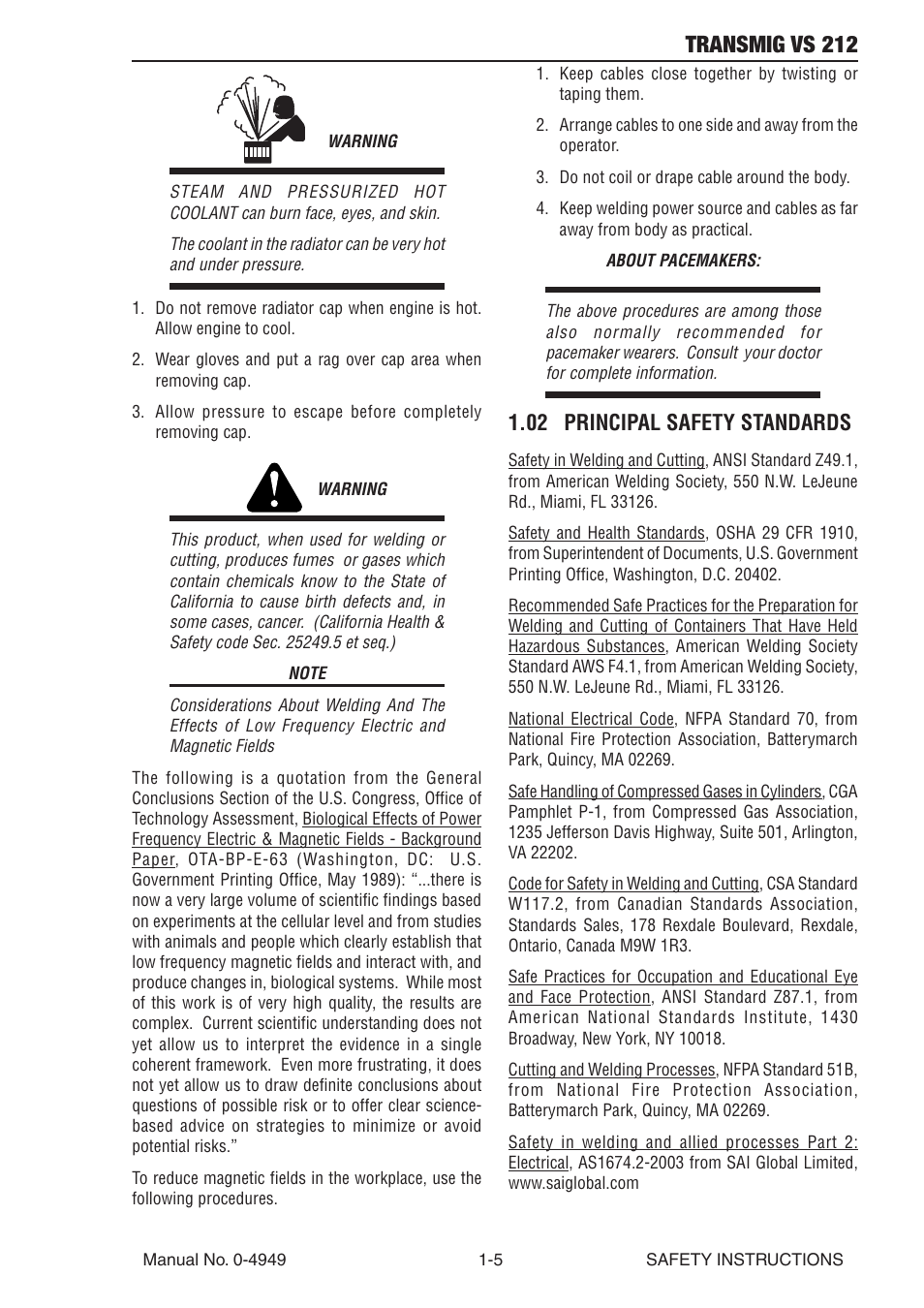 02 principal safety standards, 02 principal safety standards -5, Transmig vs 212 | Tweco VS212 Wire Feeder User Manual | Page 11 / 50
