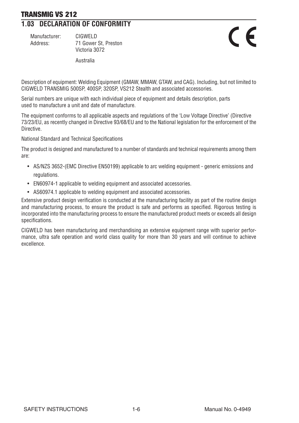 03 declaration of conformity, 03 declaration of conformity -6, Transmig vs 212 | Tweco VS212 Wire Feeder User Manual | Page 12 / 50