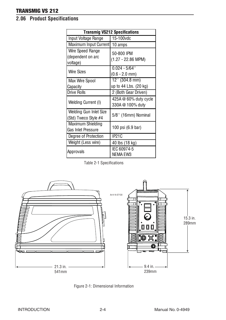 06 product specifications, 06 product specifications -4, Transmig vs 212 | Tweco VS212 Wire Feeder User Manual | Page 16 / 50