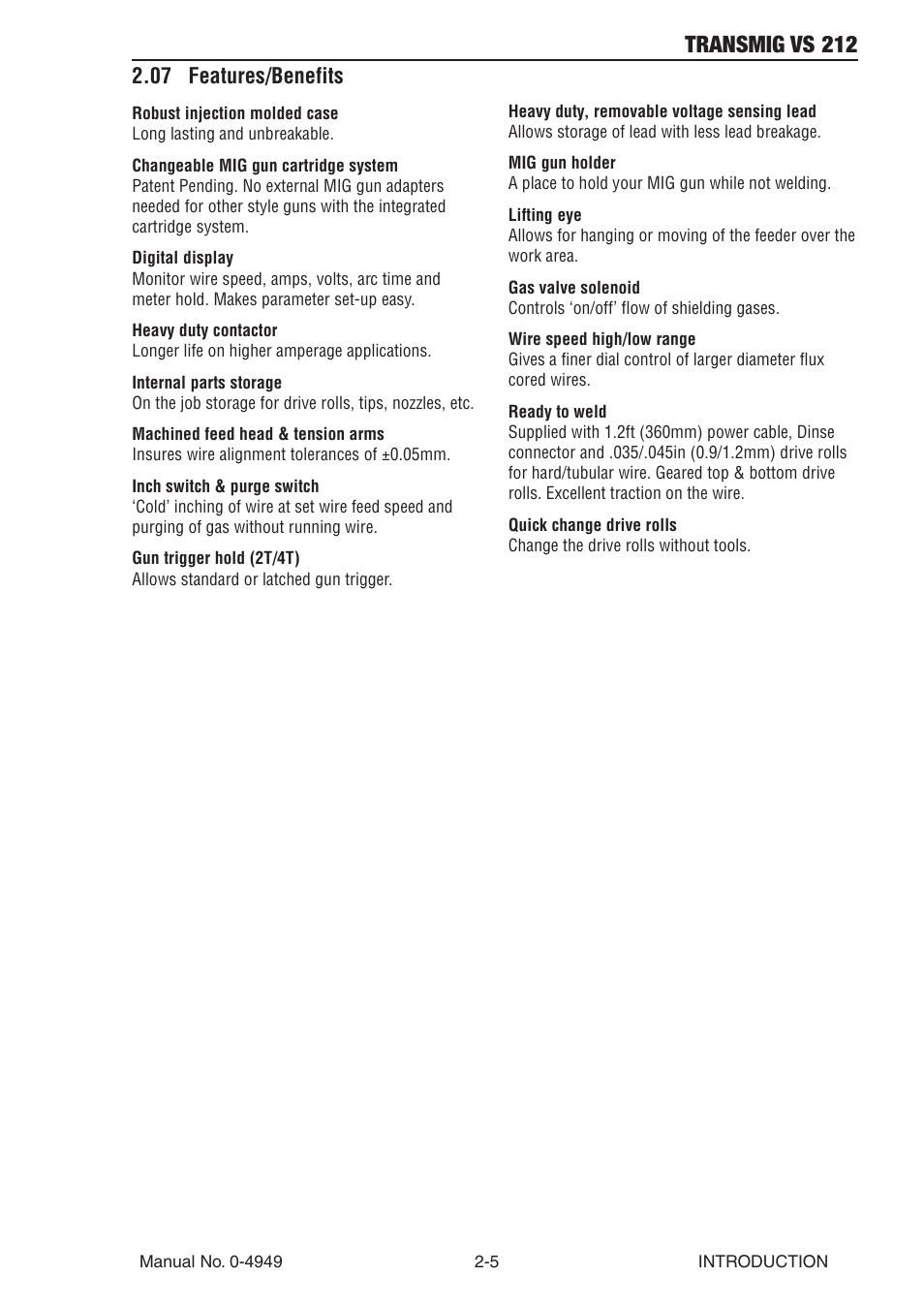 07 features/benefits, 07 features/benefits -5, Transmig vs 212 | Tweco VS212 Wire Feeder User Manual | Page 17 / 50
