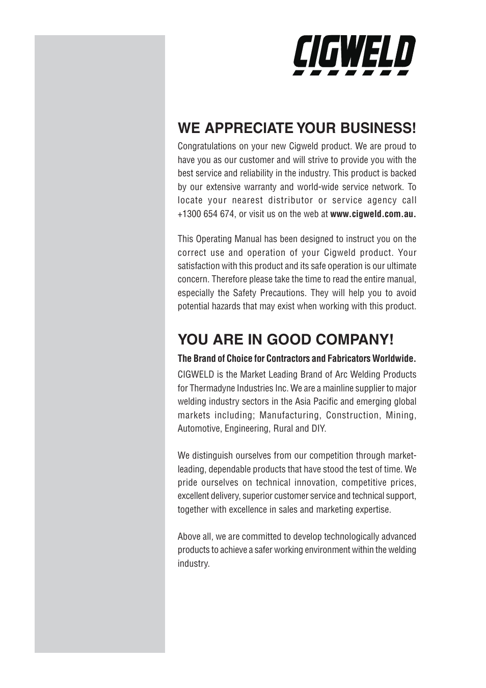 We appreciate your business, You are in good company | Tweco VS212 Wire Feeder User Manual | Page 2 / 50