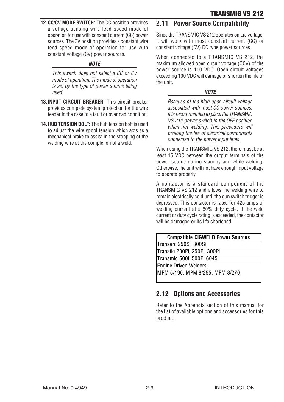 11 power source compatibility, 12 options and accessories, Transmig vs 212 | Tweco VS212 Wire Feeder User Manual | Page 21 / 50