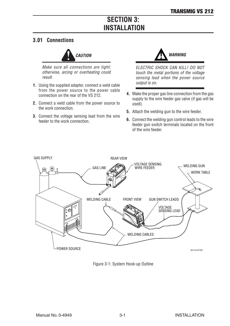 Section 3: installation, 01 connections, Section 3 | Installation -1, 01 connections -1, Transmig vs 212 | Tweco VS212 Wire Feeder User Manual | Page 23 / 50