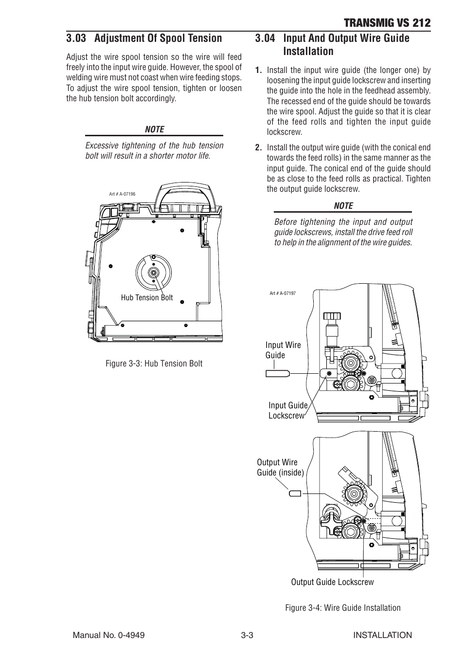 03 adjustment of spool tension, 04 input and output wire guide installation, Transmig vs 212 | Tweco VS212 Wire Feeder User Manual | Page 25 / 50