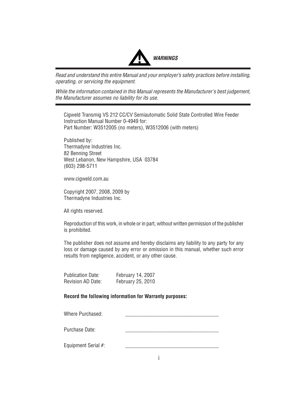 Tweco VS212 Wire Feeder User Manual | Page 3 / 50