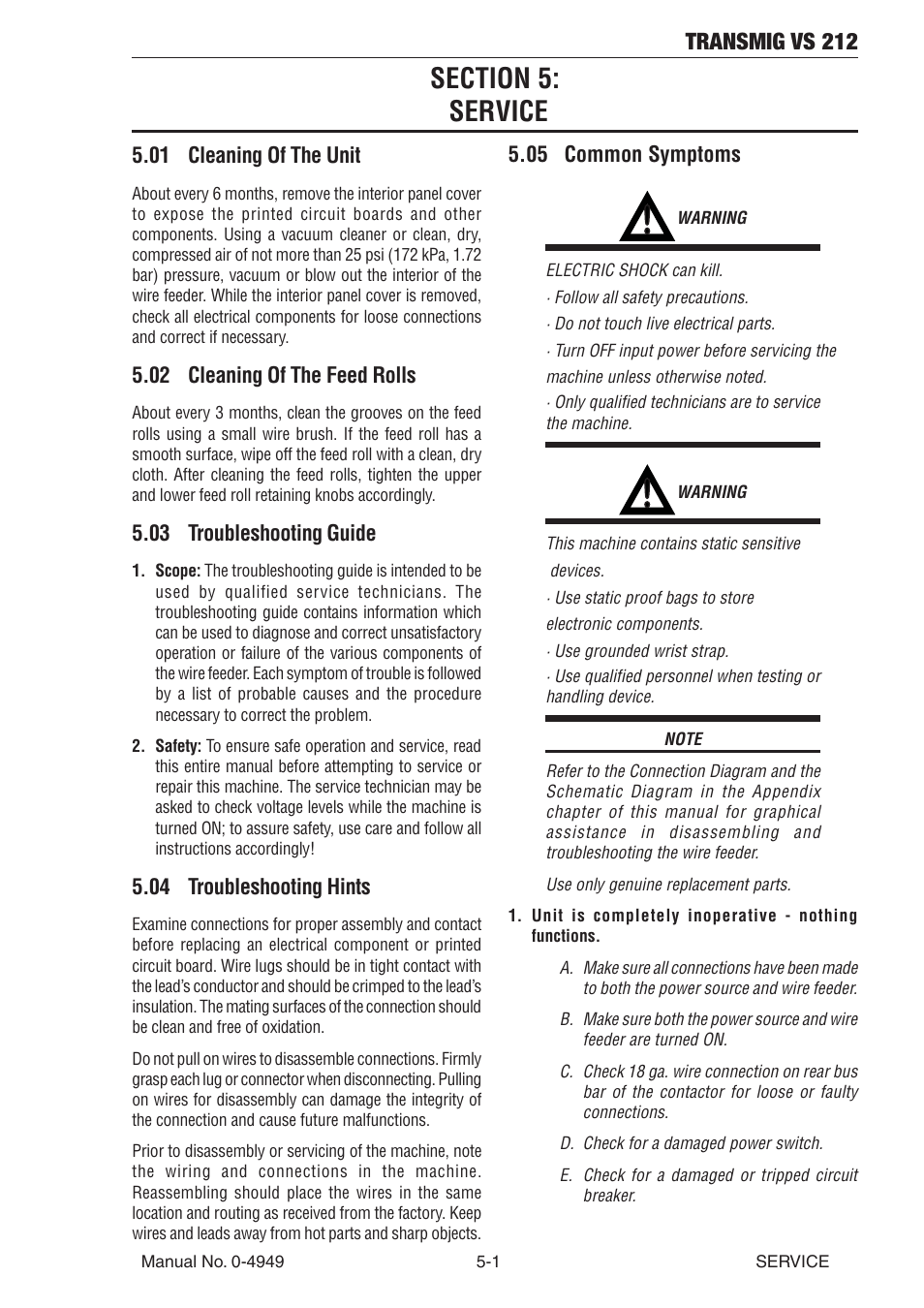 Section 5: service, 01 cleaning of the unit, 02 cleaning of the feed rolls | 03 troubleshooting guide, 04 troubleshooting hints, 05 common symptoms, Section 5, Service -1, Transmig vs 212 | Tweco VS212 Wire Feeder User Manual | Page 35 / 50