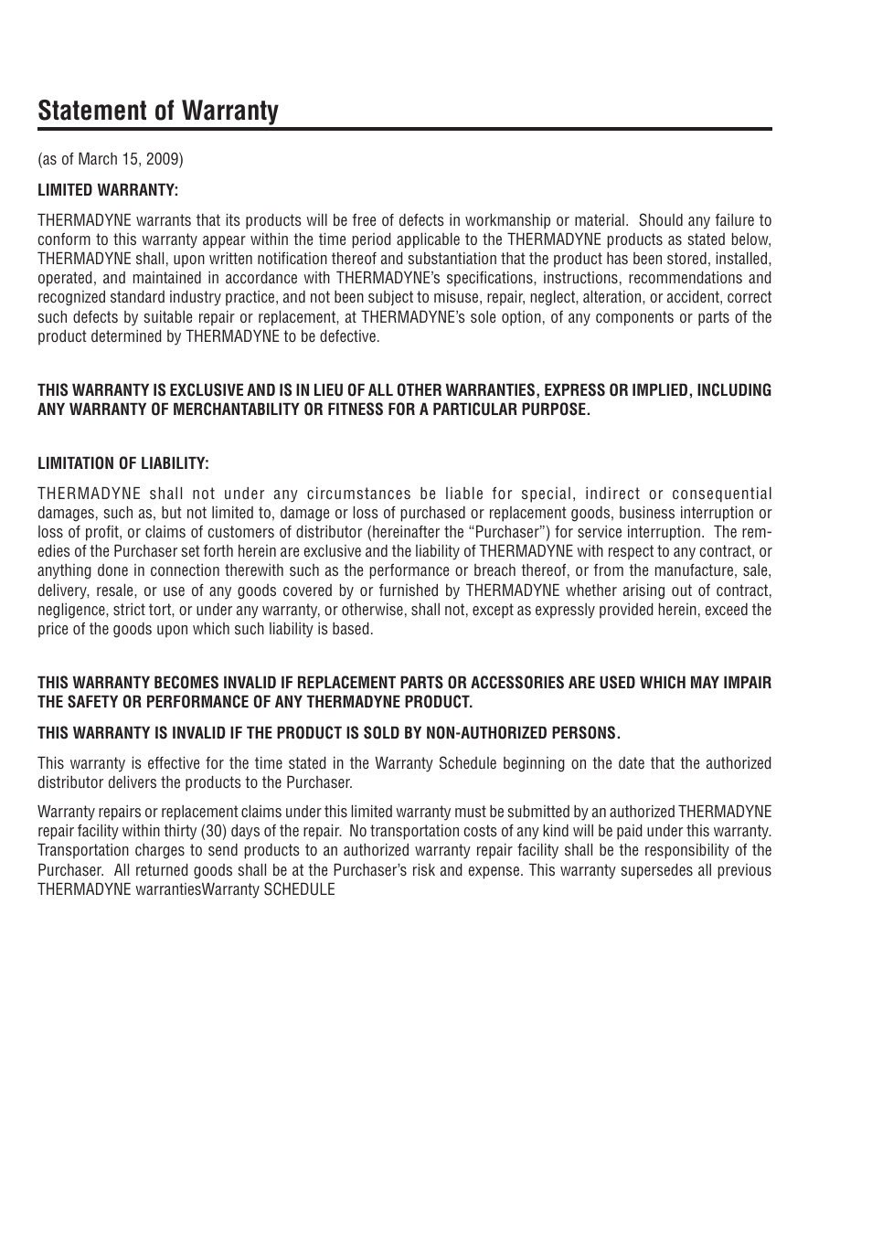 Statement of warranty | Tweco VS212 Wire Feeder User Manual | Page 46 / 50