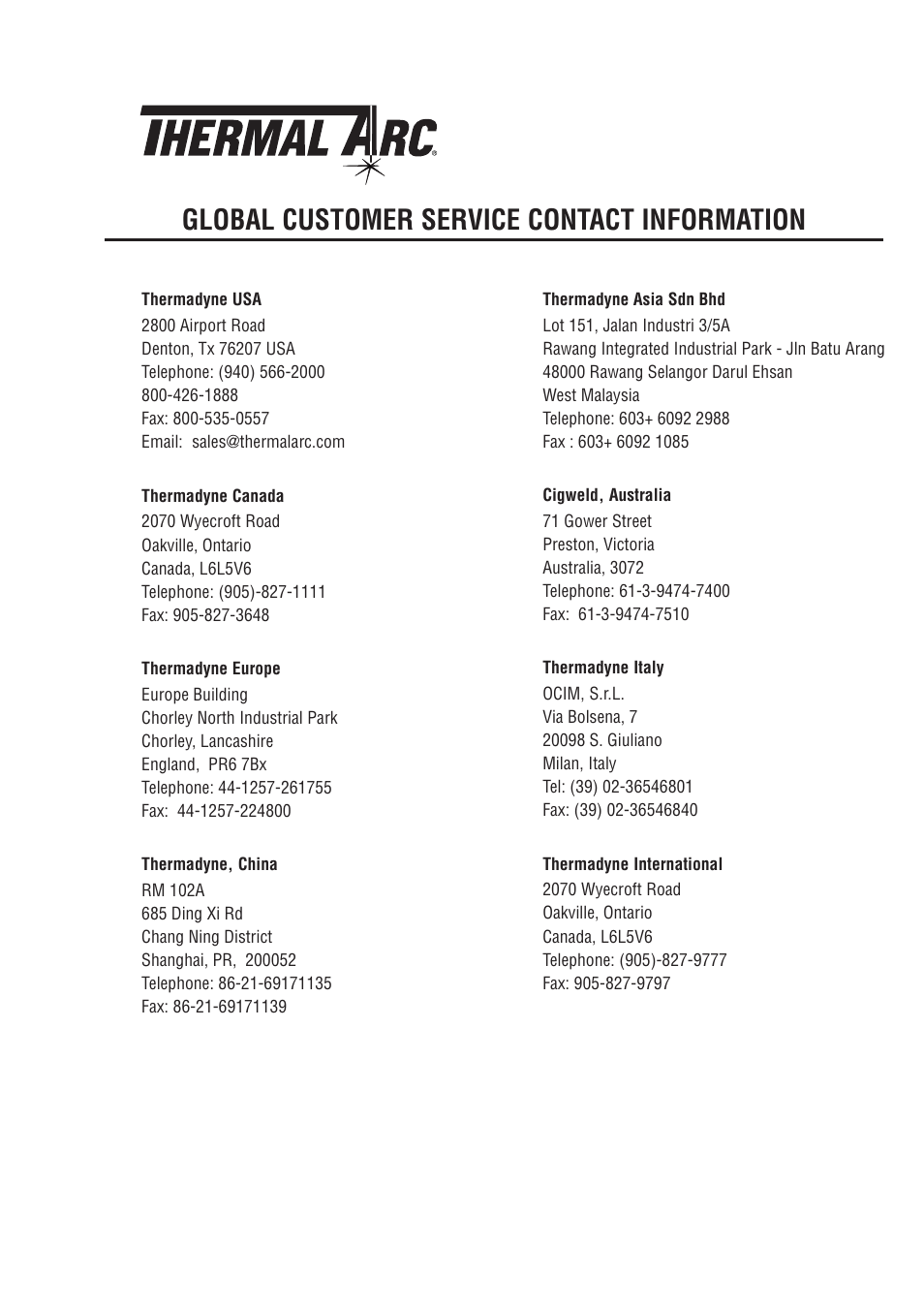 Global customer service contact information | Tweco VS212 Wire Feeder User Manual | Page 49 / 50