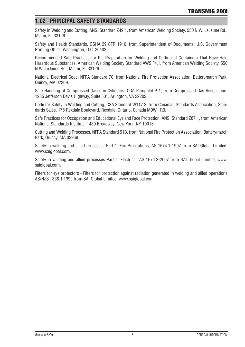 Transmig 200i, 02 principal safety standards | Tweco 200i Multi Process Welding Inverter User Manual | Page 11 / 82