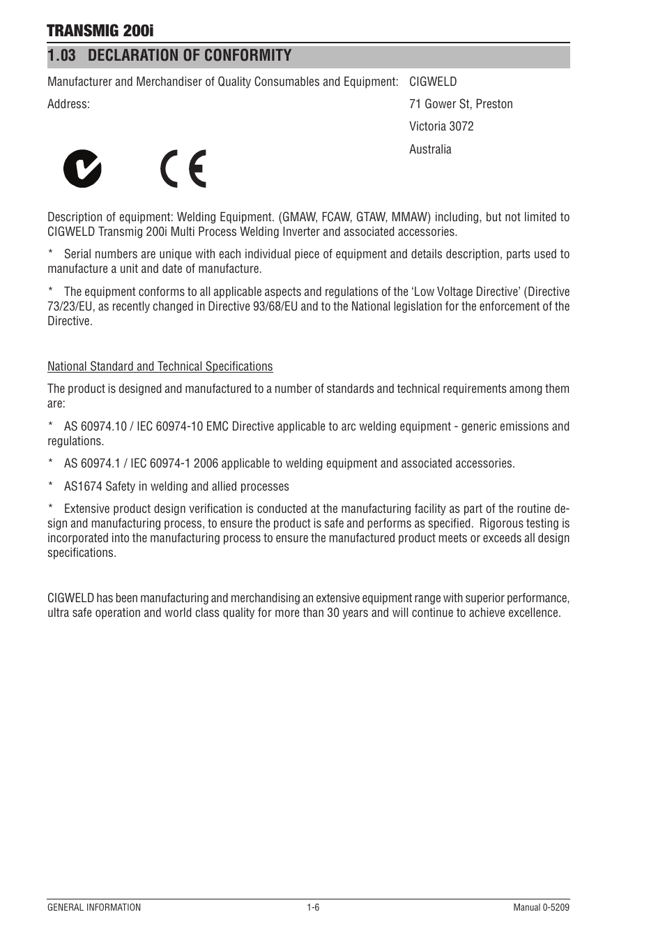 Transmig 200i, 03 declaration of conformity | Tweco 200i Multi Process Welding Inverter User Manual | Page 12 / 82