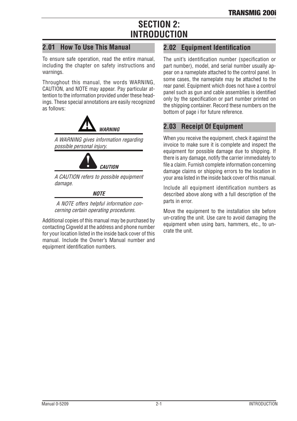 Transmig 200i, 02 equipment identification, 03 receipt of equipment | 01 how to use this manual | Tweco 200i Multi Process Welding Inverter User Manual | Page 13 / 82