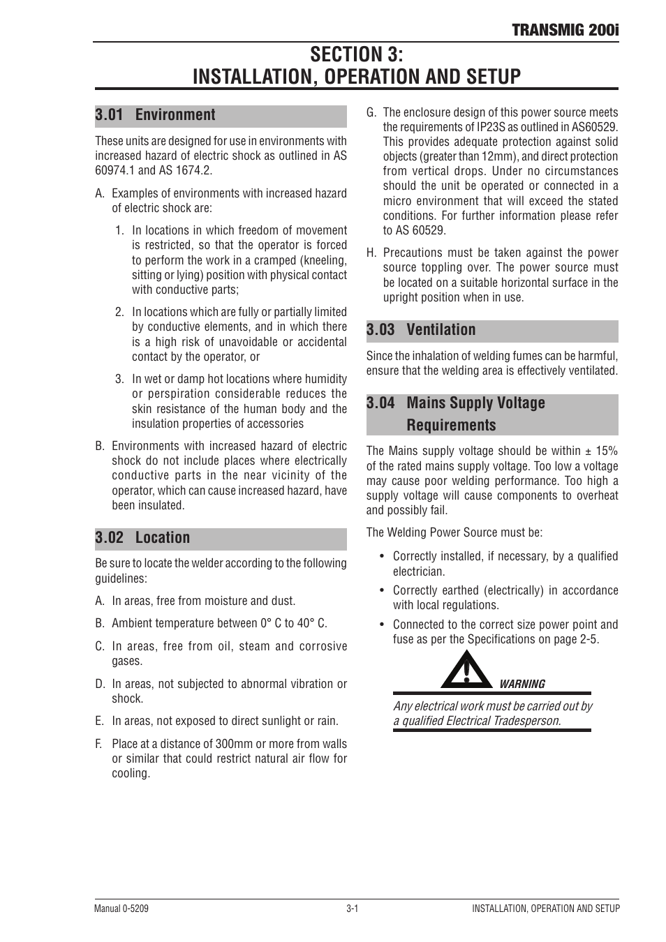 Transmig 200i, 03 ventilation, 04 mains supply voltage requirements | 01 environment, 02 location | Tweco 200i Multi Process Welding Inverter User Manual | Page 19 / 82