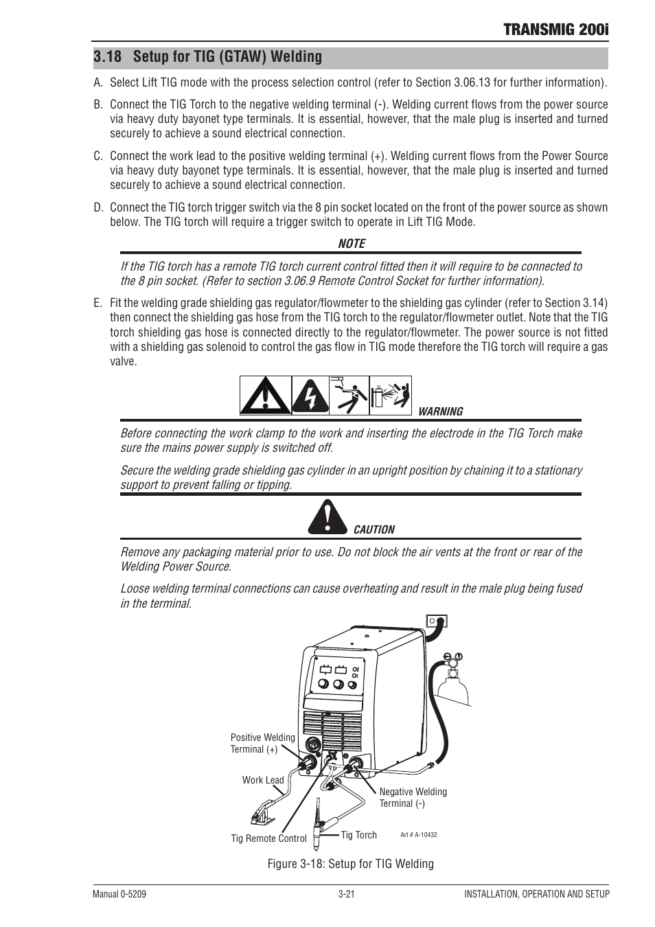 Transmig 200i, 18 setup for tig (gtaw) welding | Tweco 200i Multi Process Welding Inverter User Manual | Page 39 / 82