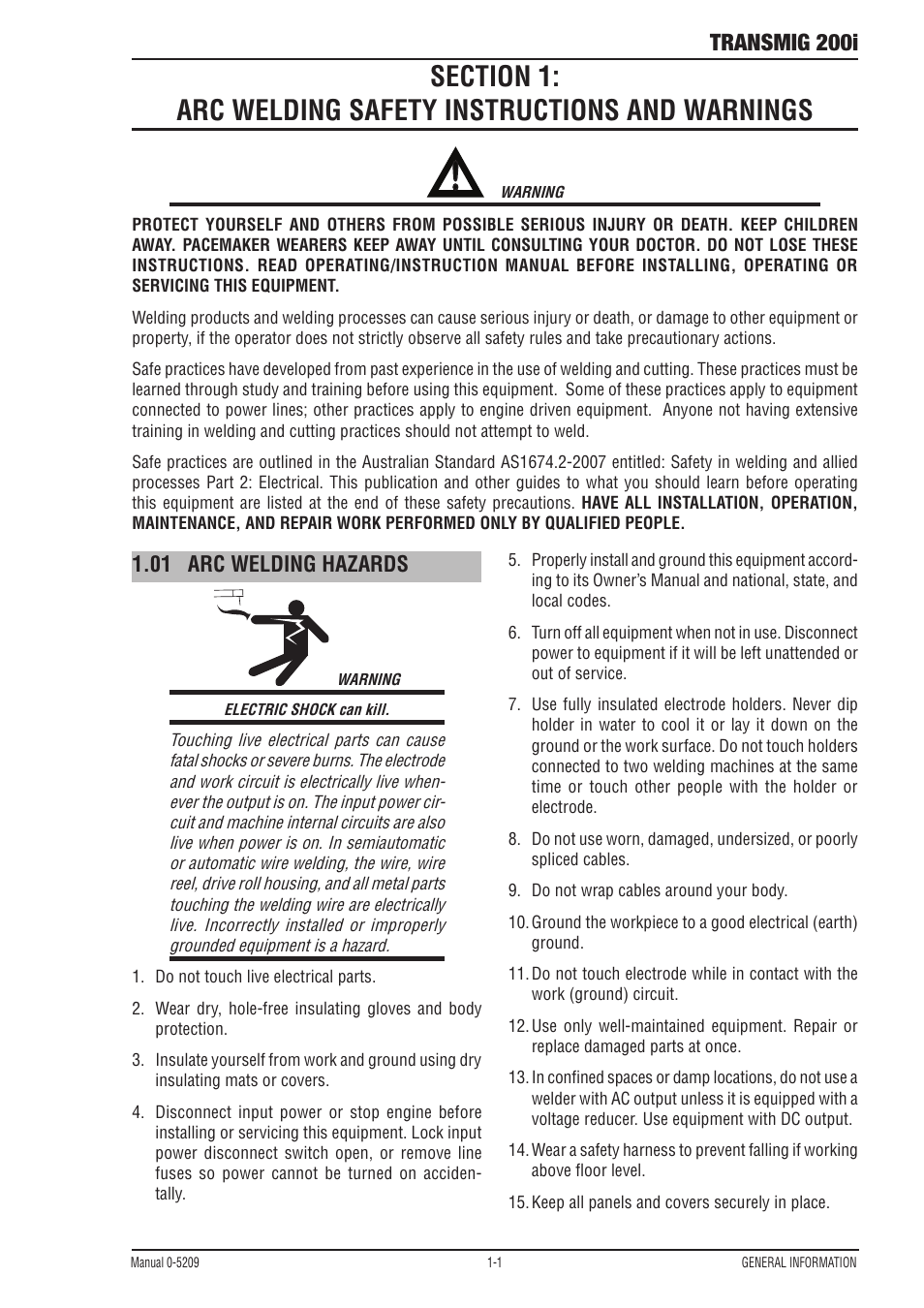 Transmig 200i, 01 arc welding hazards | Tweco 200i Multi Process Welding Inverter User Manual | Page 7 / 82