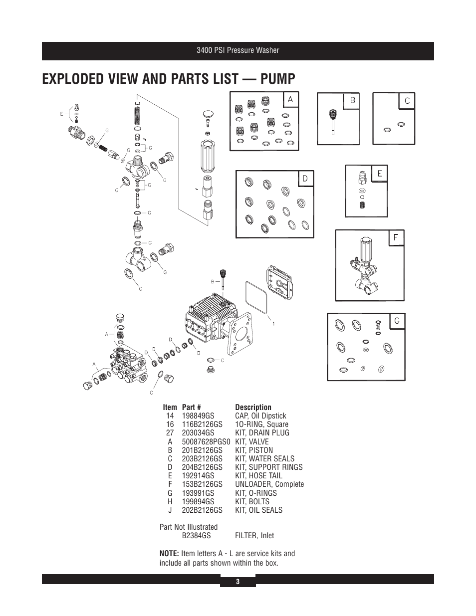 Exploded view and parts list — pump | Briggs & Stratton Elite 01808 User Manual | Page 3 / 3