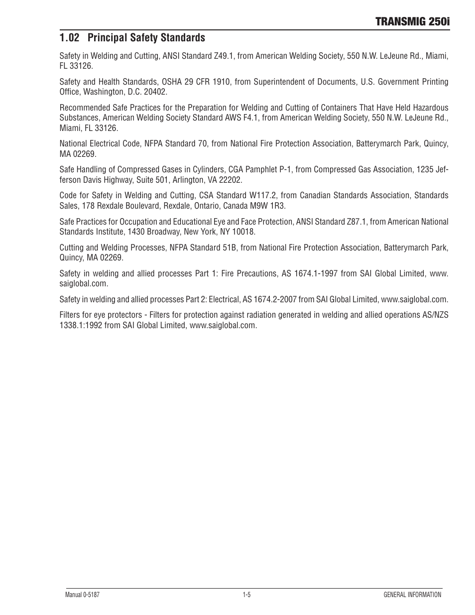 02 principal safety standards, Principal safety standards -5, Transmig 250i | Tweco 250i Multi Process Welding Inverter 2RT Wire Feeder User Manual | Page 11 / 100