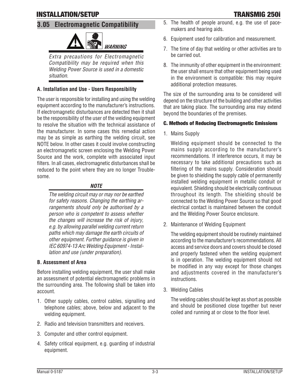 05 electromagnetic compatibility, Electromagnetic compatibility -3, Installation/setup transmig 250i | Tweco 250i Multi Process Welding Inverter 2RT Wire Feeder User Manual | Page 21 / 100