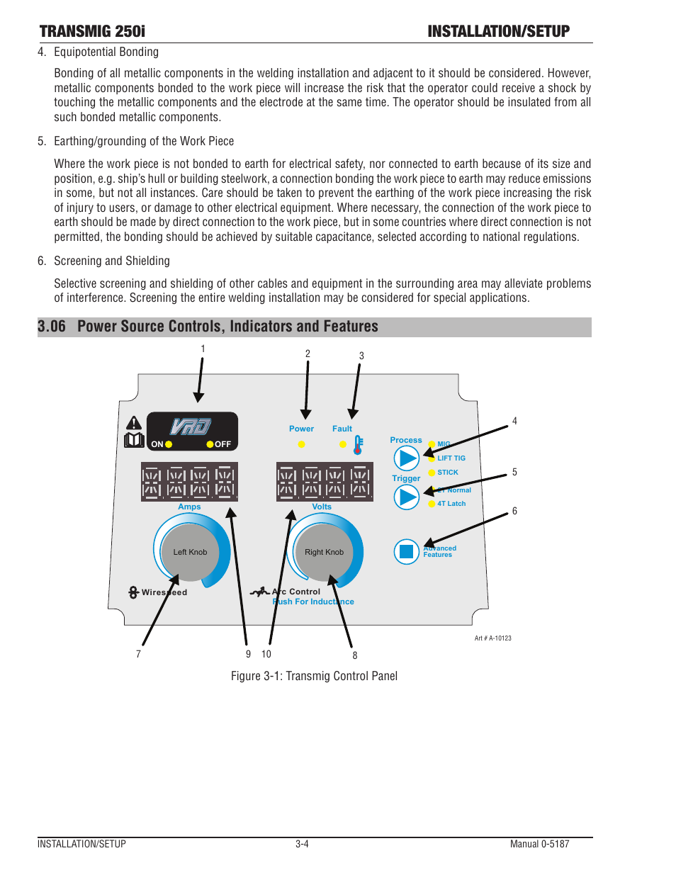 06 power source controls, indicators and features, Power source controls, indicators and features -4, Transmig 250i installation/setup | Tweco 250i Multi Process Welding Inverter 2RT Wire Feeder User Manual | Page 22 / 100