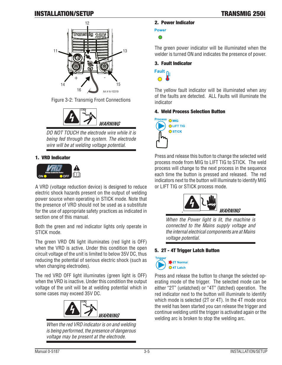 Installation/setup transmig 250i | Tweco 250i Multi Process Welding Inverter 2RT Wire Feeder User Manual | Page 23 / 100