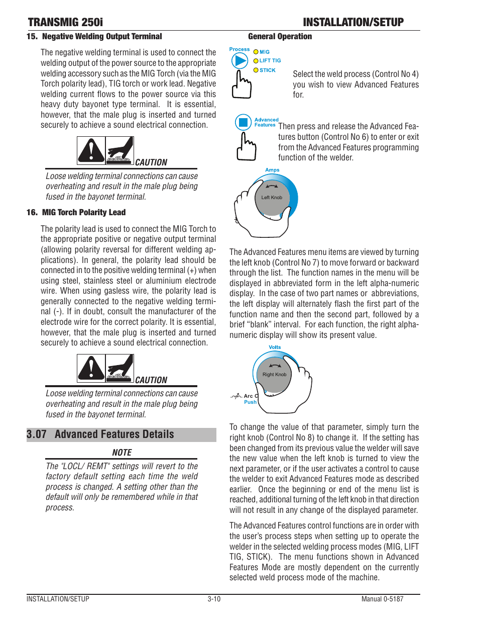 07 advanced features details, Advanced features details -10, Transmig 250i installation/setup | Tweco 250i Multi Process Welding Inverter 2RT Wire Feeder User Manual | Page 28 / 100