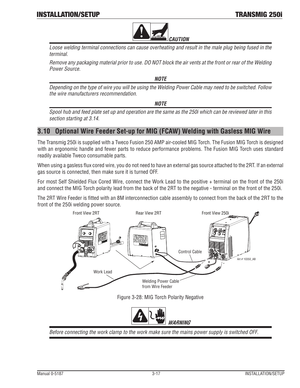 Installation/setup transmig 250i | Tweco 250i Multi Process Welding Inverter 2RT Wire Feeder User Manual | Page 35 / 100