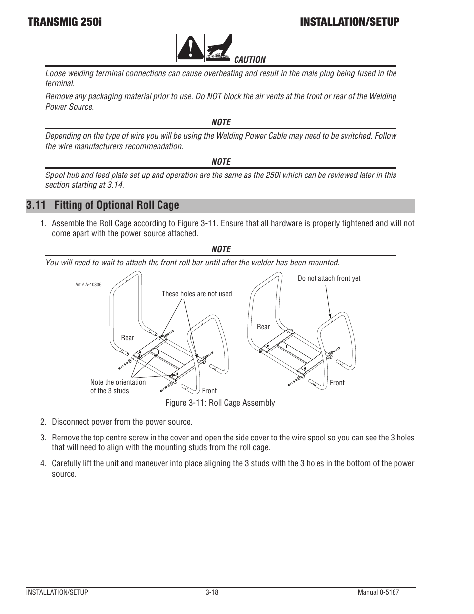 11 fitting of optional roll cage, Fitting of optional roll cage -18, Transmig 250i installation/setup | Tweco 250i Multi Process Welding Inverter 2RT Wire Feeder User Manual | Page 36 / 100