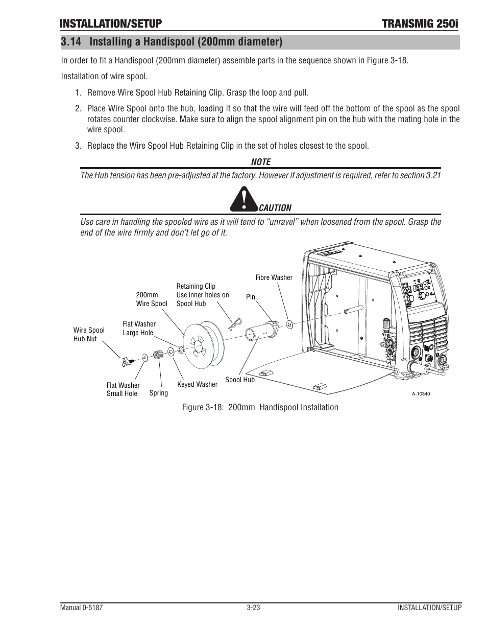 14 installing a handispool (200mm diameter), Installing a handispool (200mm diameter) -23, Installation/setup transmig 250i | Tweco 250i Multi Process Welding Inverter 2RT Wire Feeder User Manual | Page 41 / 100