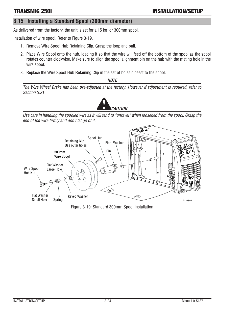 15 installing a standard spool (300mm diameter), Installing a standard spool (300mm diameter) -24, Transmig 250i installation/setup | Tweco 250i Multi Process Welding Inverter 2RT Wire Feeder User Manual | Page 42 / 100