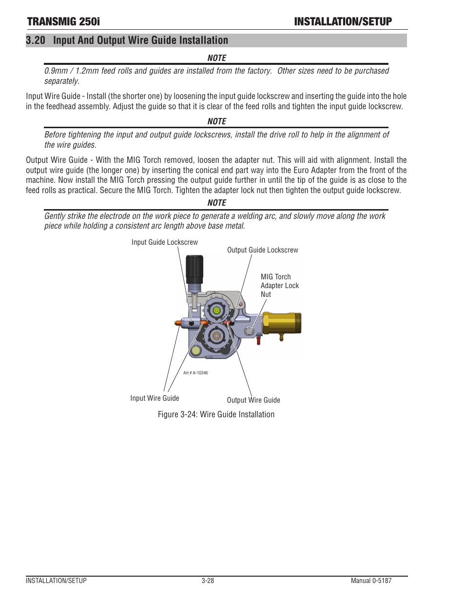 20 input and output wire guide installation, Input and output wire guide installation -28, Transmig 250i installation/setup | Tweco 250i Multi Process Welding Inverter 2RT Wire Feeder User Manual | Page 46 / 100