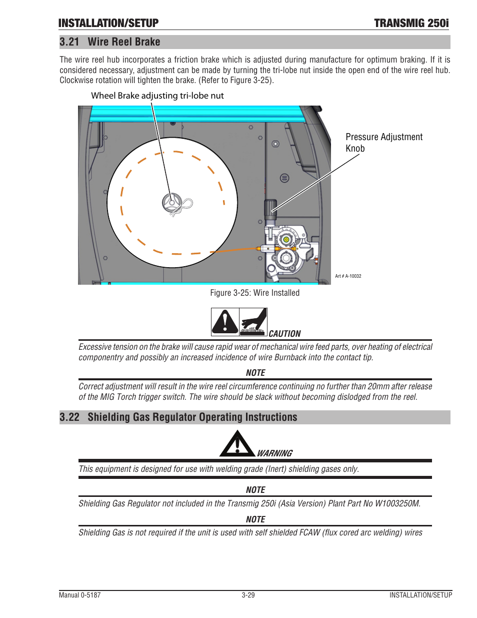 21 wire reel brake, 22 shielding gas regulator operating instructions, Wire reel brake -29 | Shielding gas regulator operating instructions -29, Installation/setup transmig 250i | Tweco 250i Multi Process Welding Inverter 2RT Wire Feeder User Manual | Page 47 / 100
