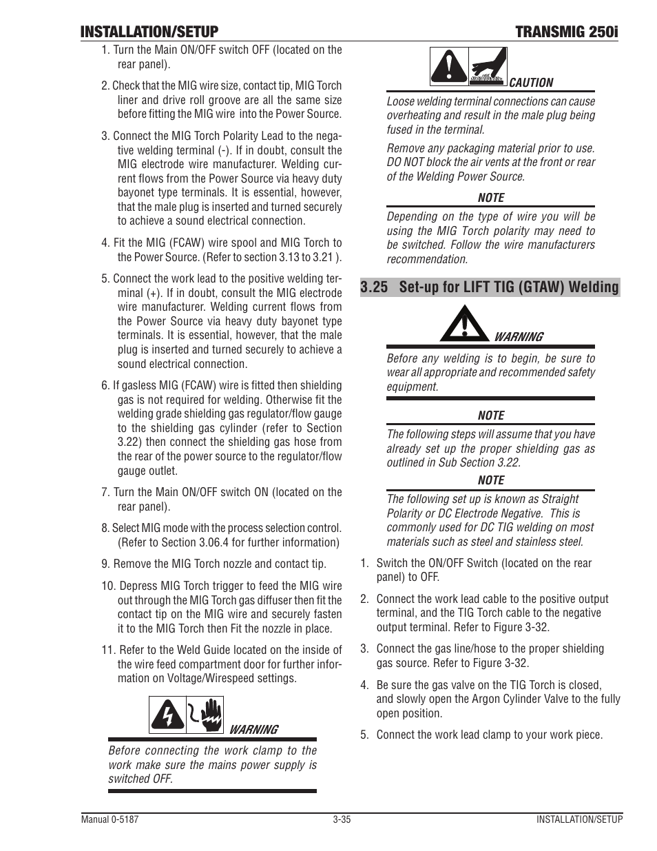 25 set-up for lift tig (gtaw) welding, Set-up for lift tig (gtaw) welding -35, Installation/setup transmig 250i | Tweco 250i Multi Process Welding Inverter 2RT Wire Feeder User Manual | Page 53 / 100