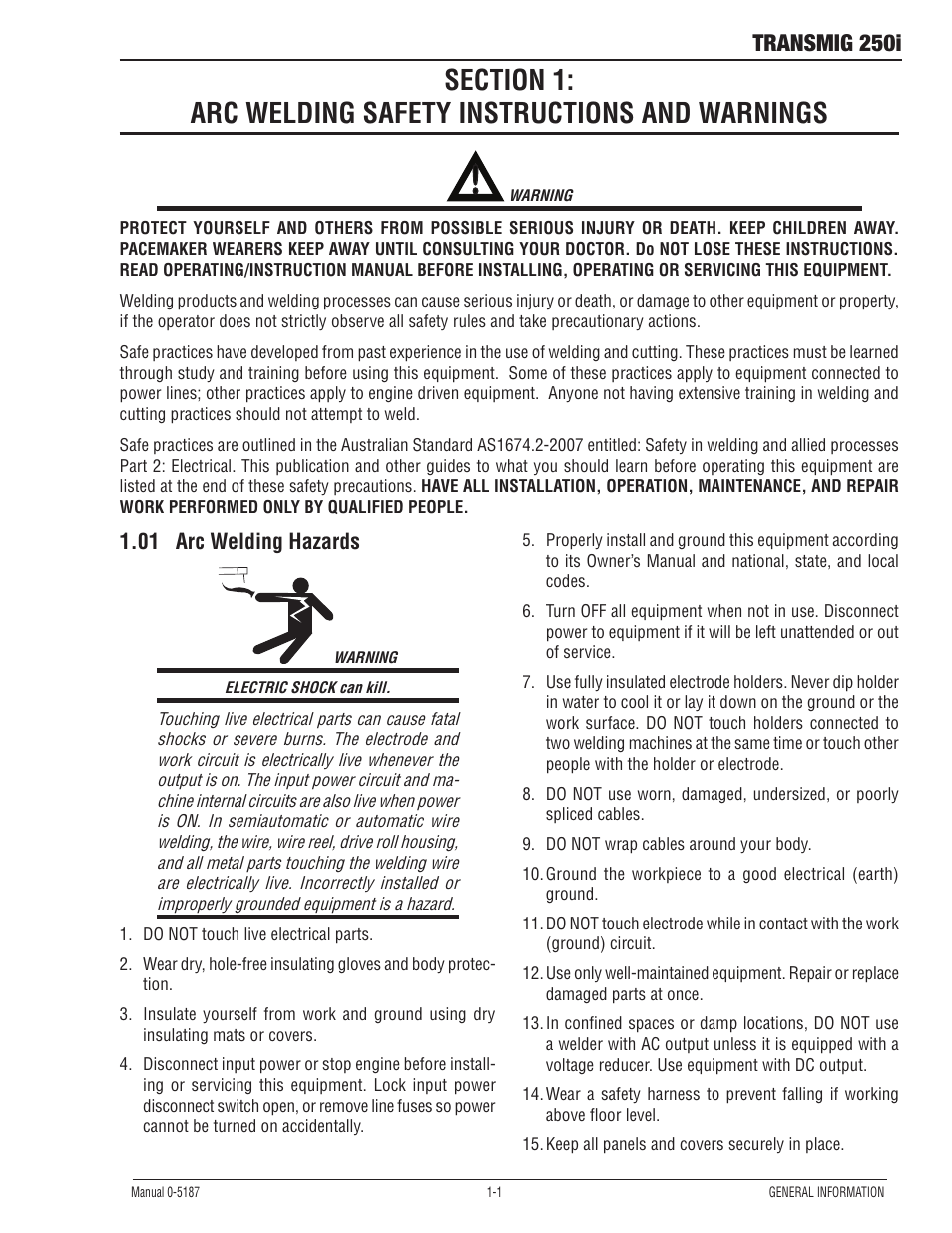 01 arc welding hazards, Section 1, Arc welding safety instructions and warnings -1 | Arc welding hazards -1, Transmig 250i | Tweco 250i Multi Process Welding Inverter 2RT Wire Feeder User Manual | Page 7 / 100