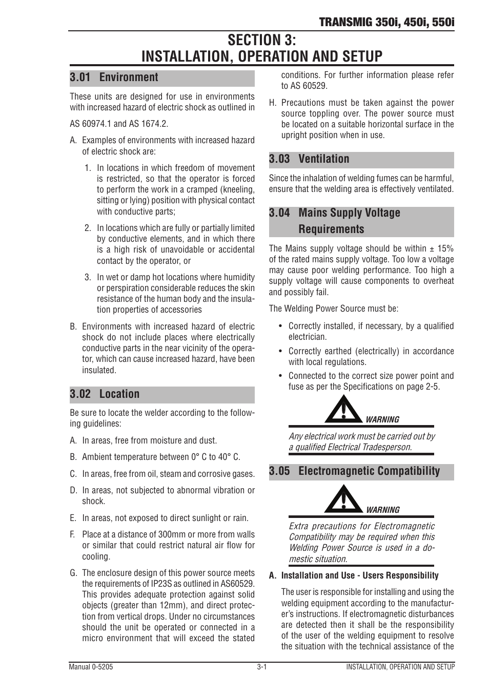 Section 3: installation, operation and setup, 01 environment, 02 location | 03 ventilation, 04 mains supply voltage requirements, 05 electromagnetic compatibility | Tweco 550i Transmig User Manual | Page 21 / 88